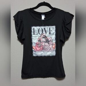 R. Rouge Black Cap Short SleeveT-Shirt. Rhinestone Accents. Small.